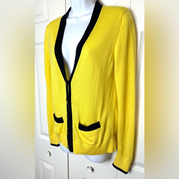 TORY BURCH Cardigan Sweater Yellow Navy Blue Merino Wool Simone Madison Knit - Picture 2 of 12